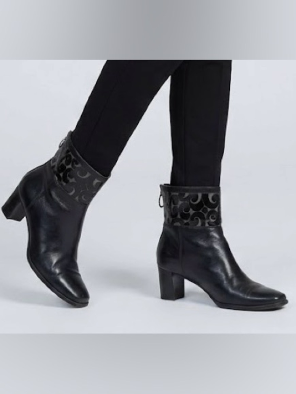 Brighton Womens Size 8.5 Trick Black Ankle Boots Swirl Patent Trim Back Zip Heel